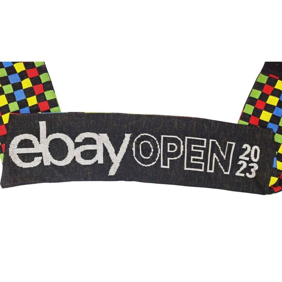 eBay Open 2023 Neck Scarf Reversible Checkered Striped Black Multicolor Fringe - Picture 2 of 7